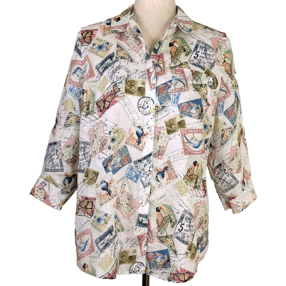 Chico's No Iron 100% Linen Size 1 (8/10) Travel Stamp Button Front Shirt